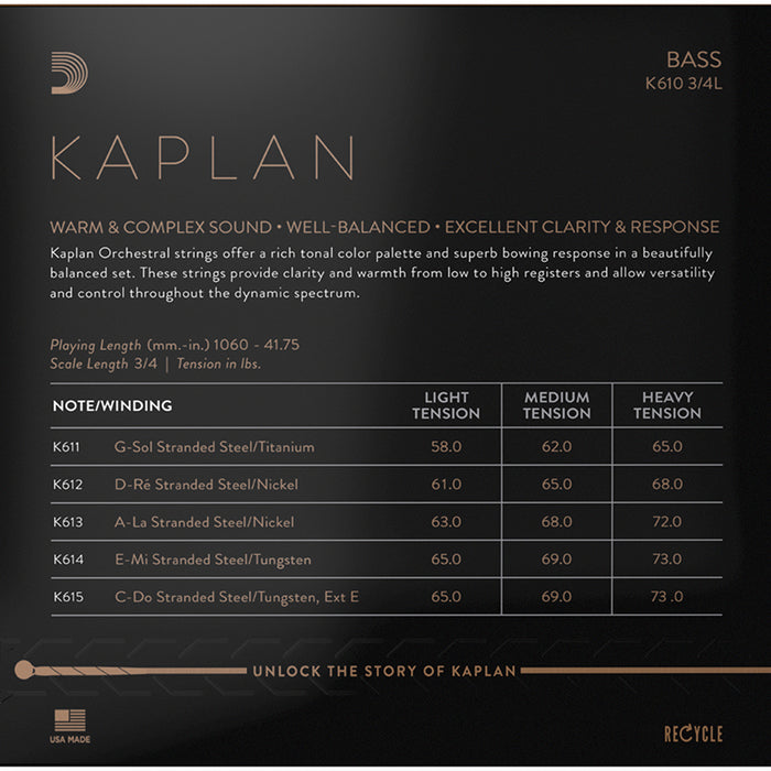 D'Addario Kaplan Bass Set, 3/4, Light Tension