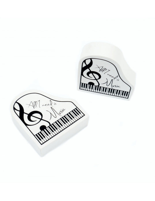 Eraser White with Black Writing in the Shape of a Grand Piano