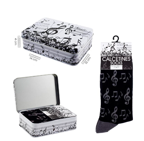 Socks Black with Grey Clefs and Notes Comes in a Tin Box