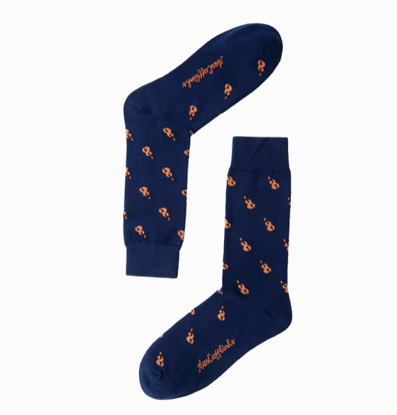 Violin Socks Navy Blue with Orange Violins