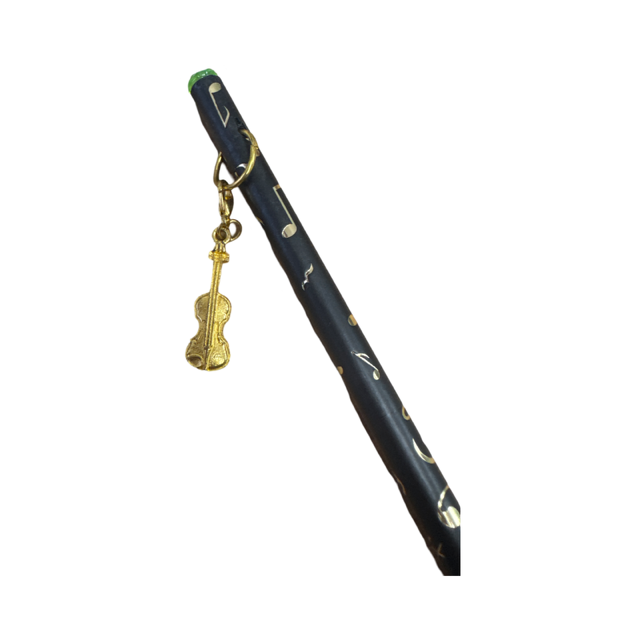 Black Pencil with Gold Embossed Notes and Clefs and a Gold Violin Charm