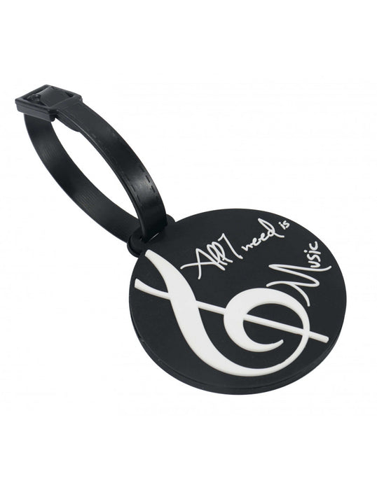 Luggage Tag Round Shape Black with a Treble Clef and Writing that Says "All I Need is Music"