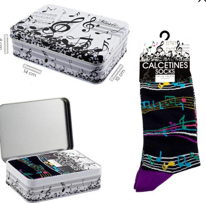 Socks Black with Purple Heels and Top with Colourful Manuscript Comes in a Tin Box