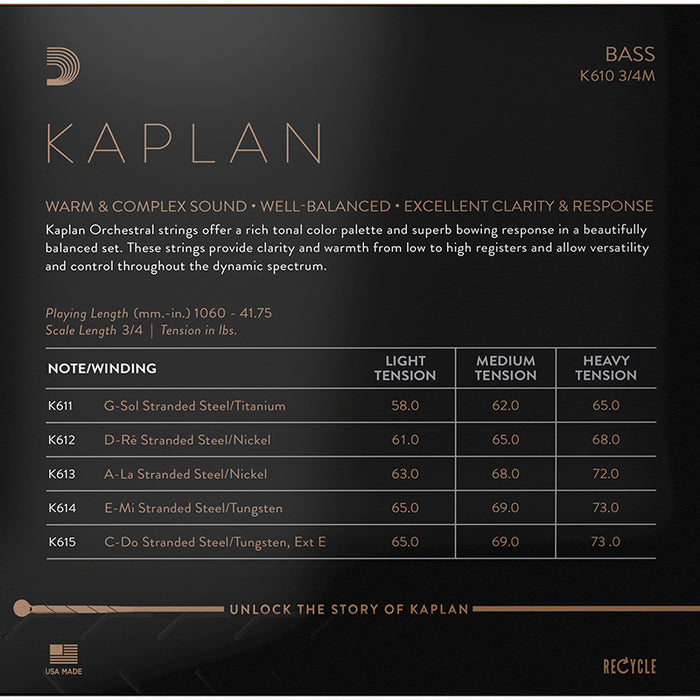 D'Addario Kaplan Bass Set, 3/4, Medium Tension