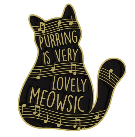 Music Cat Pin/Brooch Black Enamel with Gold Manuscript and Writing 'Purring is Very Lovely Meowsic'