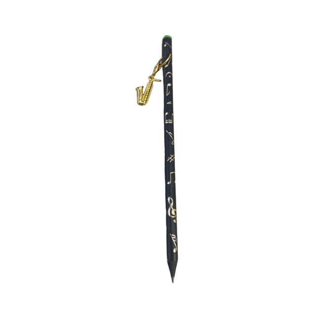 Black Pencil with Gold Embossed Notes and Clefs and a Saxophone Charm