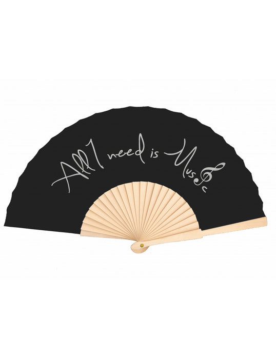 Hand Held Fan Black with Silver Writing "All I Need is Music"