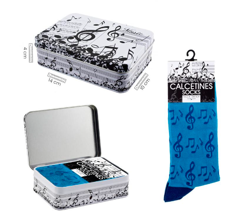 Socks Blue with Black Clefs and Notes Comes in a Tin Box