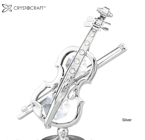 Crystocraft Silver Plated Violin and Bow Ornament with Clear Crystals