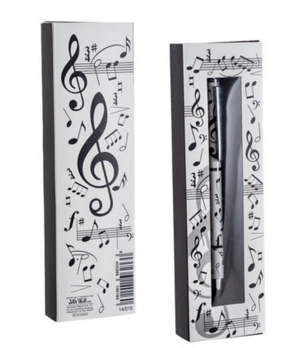 Ballpoint Pen White with Black Notes and Clefs Boxed