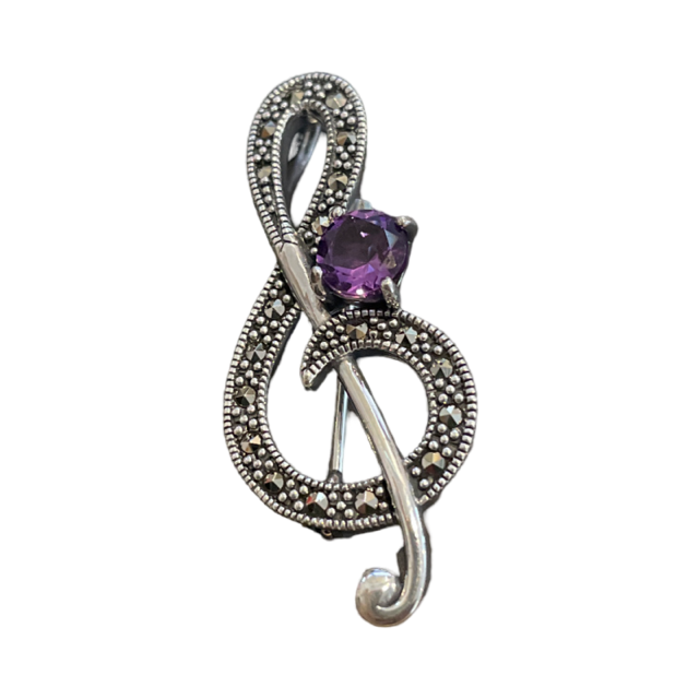 Marcasite Treble Clef Pin/Brooch with an Amethyst Stone