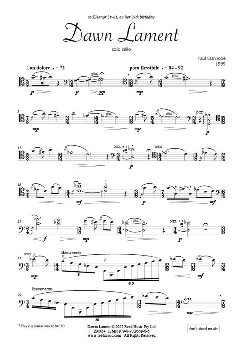 Stanhope - Dawn Lament - Cello Solo Reed Music