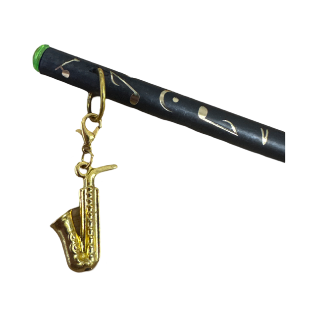 Black Pencil with Gold Embossed Notes and Clefs and a Saxophone Charm