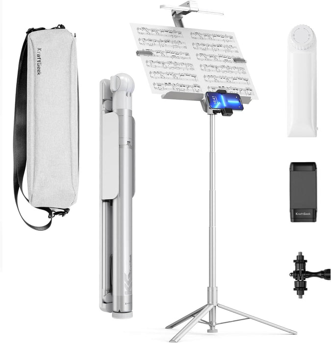 KraftGeek Bravo Collapsible Music Stand Concerto Combo Kit White with Bag/Light/Phone and Tablet Mount