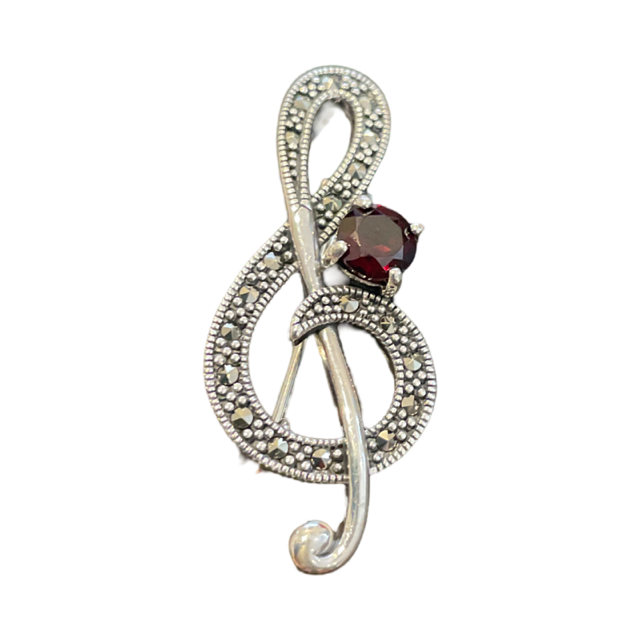 Marcasite Treble Clef Pin/Brooch with a Garnet Stone