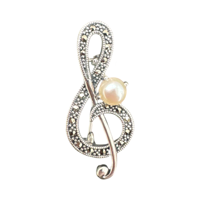 Marcasite Treble Clef Pin/Brooch with a Fresh Water Pearl