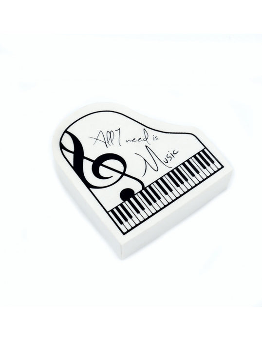 Eraser White with Black Writing in the Shape of a Grand Piano