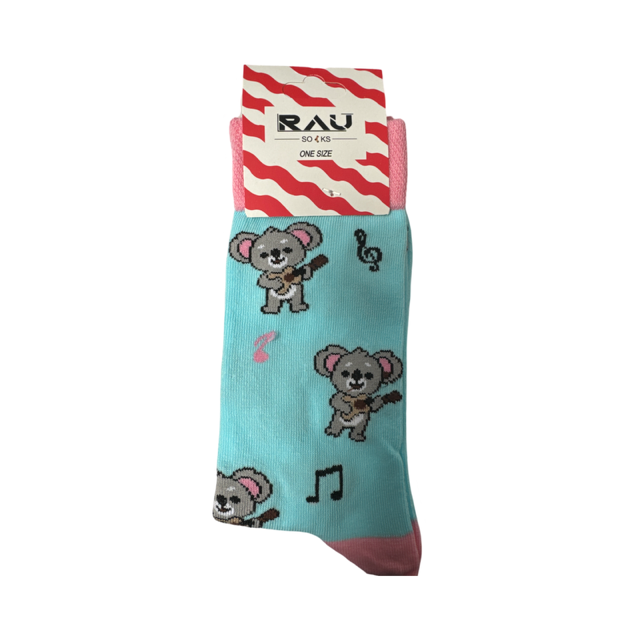 Koala Playing the Guitar Blue Socks with Pink Tops and Toes One Size