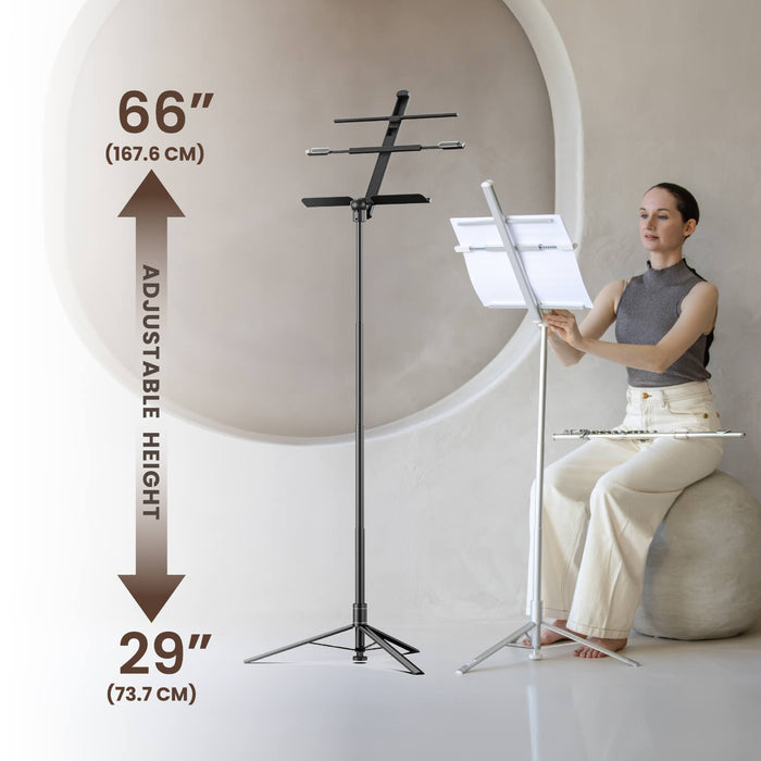 KraftGeek Bravo Collapsible Music Stand Concerto Combo Kit White with Bag/Light/Phone and Tablet Mount