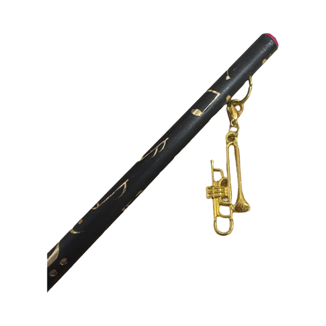 Black Pencil with Gold Embossed Notes and Clefs and a Gold Trombone Charm