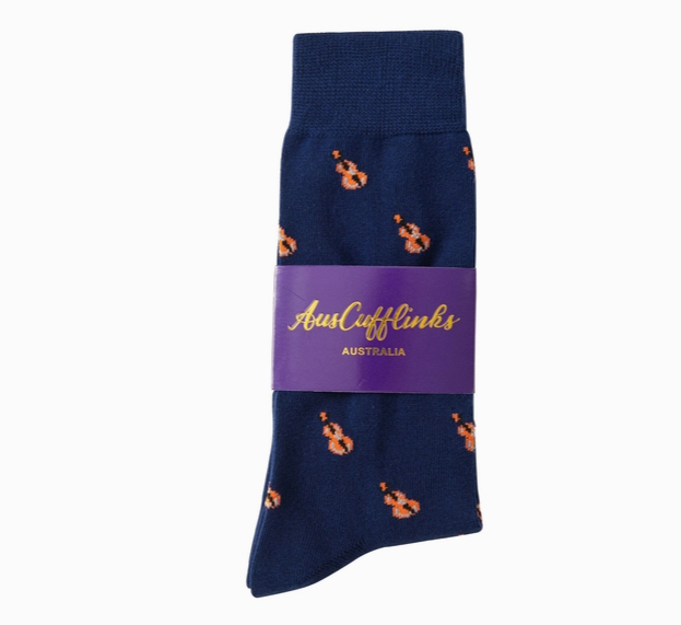 Violin Socks Navy Blue with Orange Violins