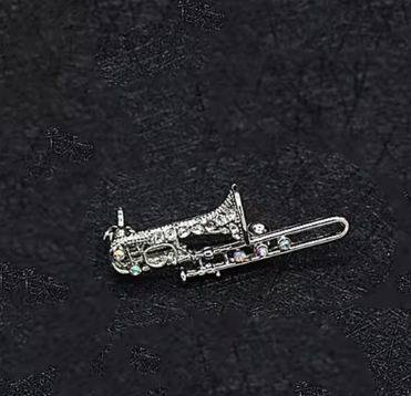 Silver Trombone Brooch with Diamantes 4cm