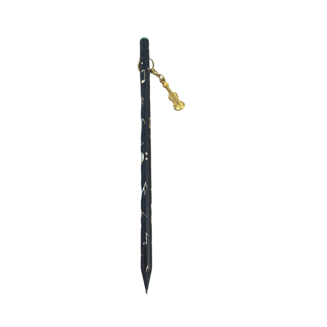 Black Pencil with Gold Embossed Notes and Clefs and a Gold Violin Charm